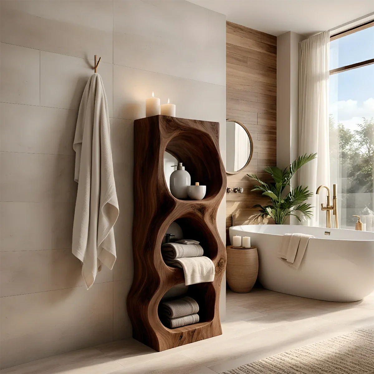 Live Edge Solid Wood Bathroom Storage Tower – Organic Carved Design - Rustira