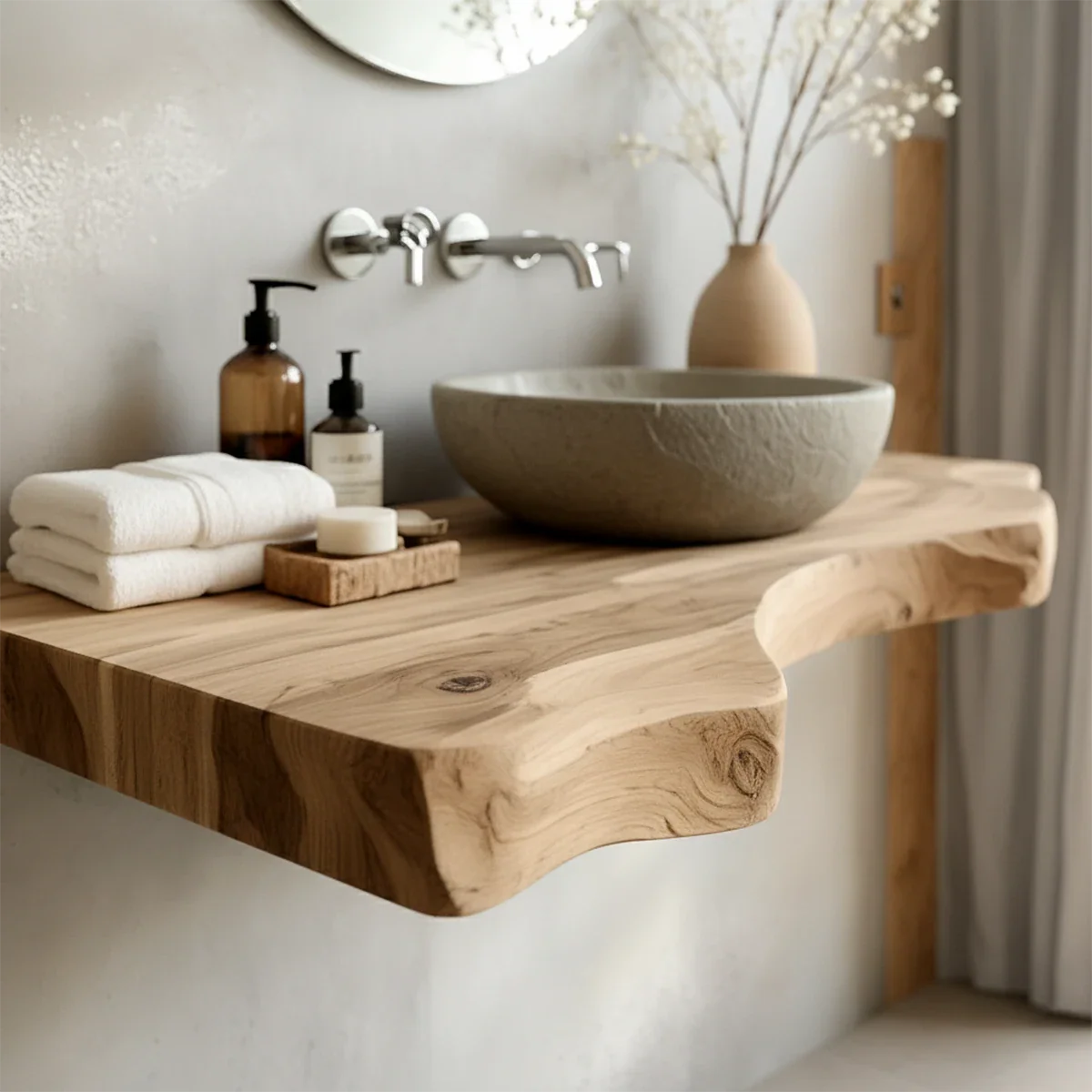 Live Edge Solid Wood Bathroom Vanity – Japandi Floating Sink Shelf - Rustira