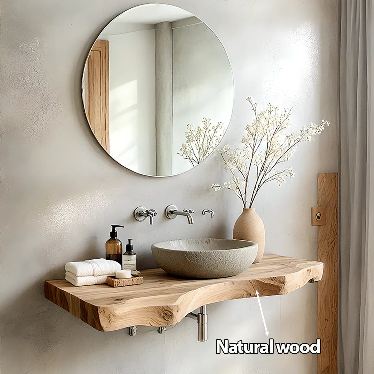Live Edge Solid Wood Bathroom Vanity – Japandi Floating Sink Shelf - Rustira