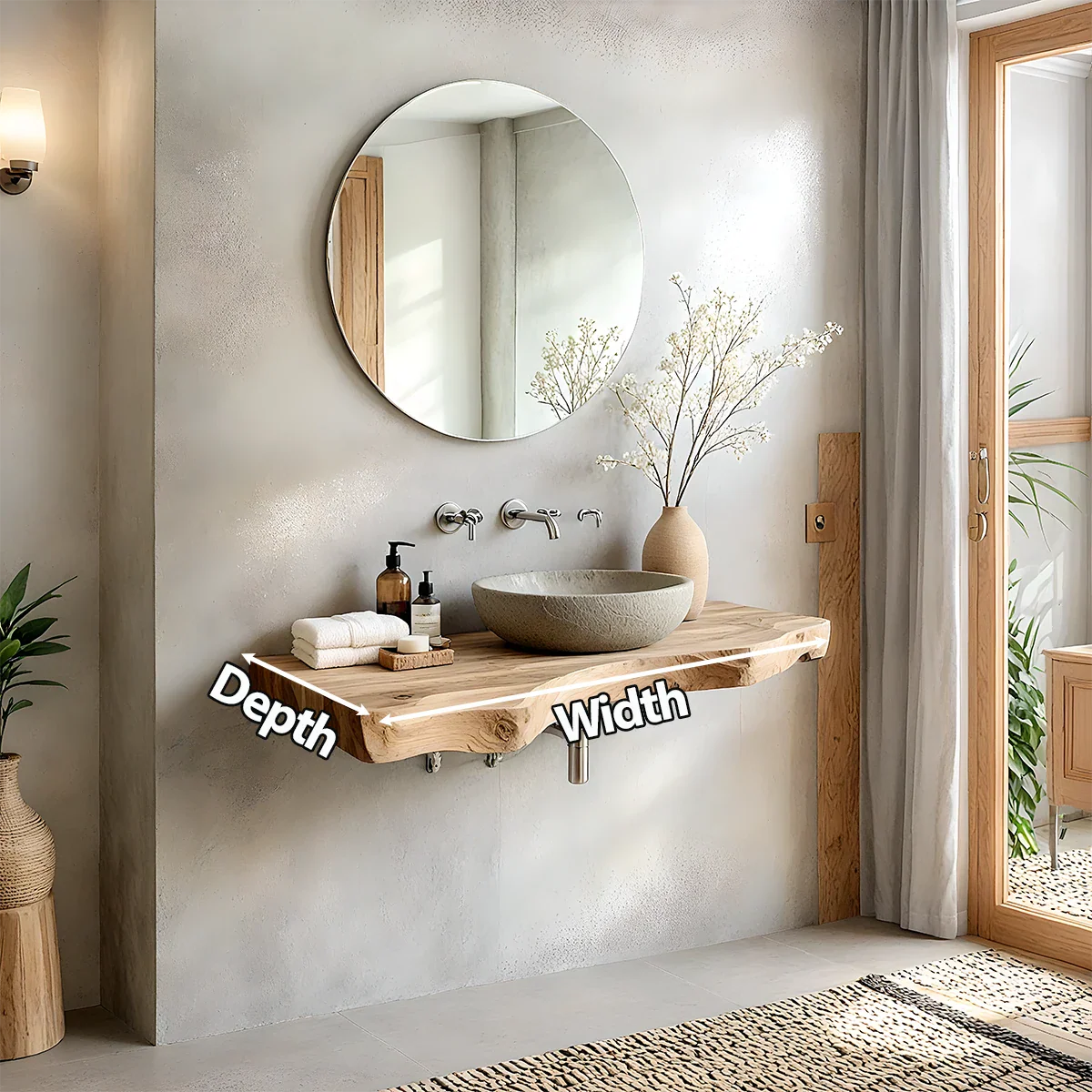 Live Edge Solid Wood Bathroom Vanity – Japandi Floating Sink Shelf - Rustira