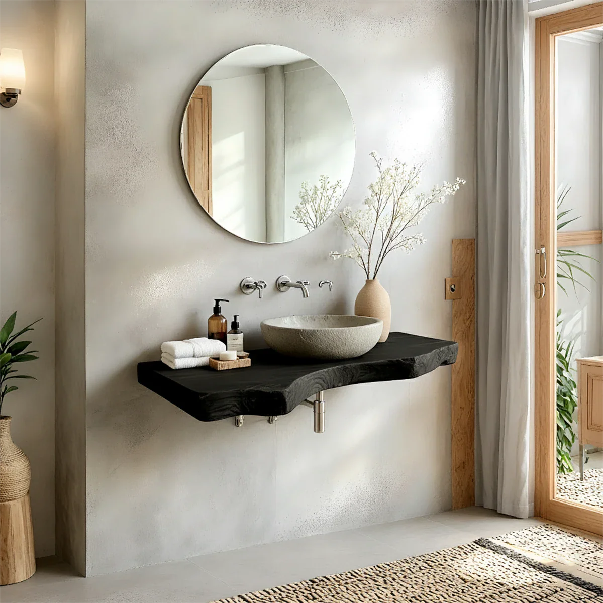 Live Edge Solid Wood Bathroom Vanity – Japandi Floating Sink Shelf - Rustira