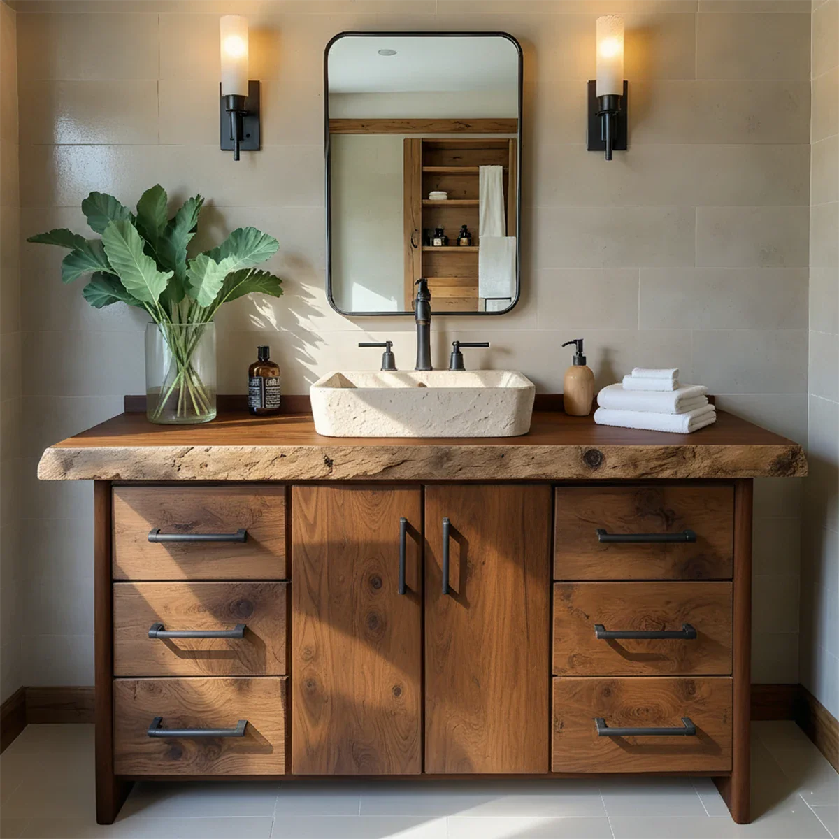 Live Edge Solid Wood Bathroom Vanity – Rustic Wabi-Sabi Cabinet - Rustira