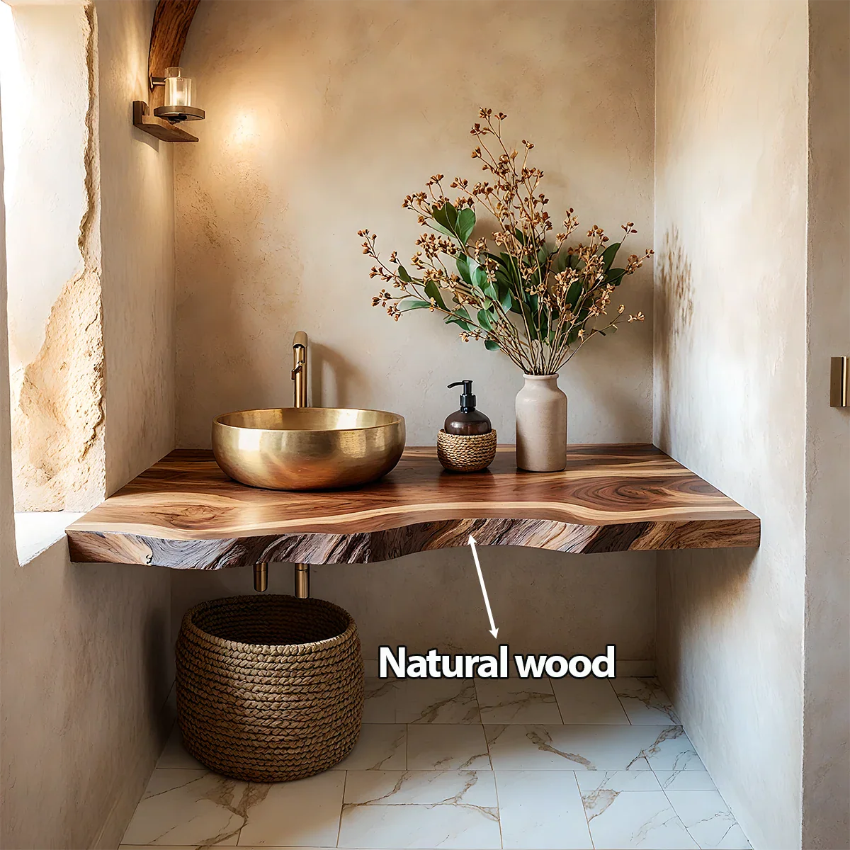 Live Edge Solid Wood Bathroom Vanity Shelf – Custom Floating Slab - Rustira