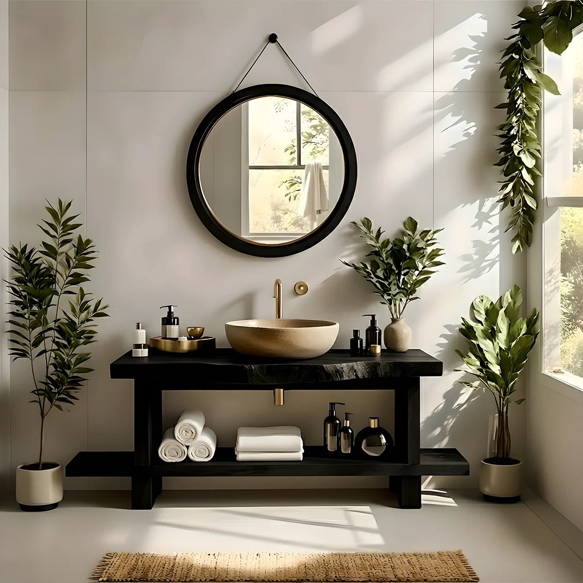 Live Edge Solid Wood Bathroom Vanity with Open Shelf – Handmade - Rustira