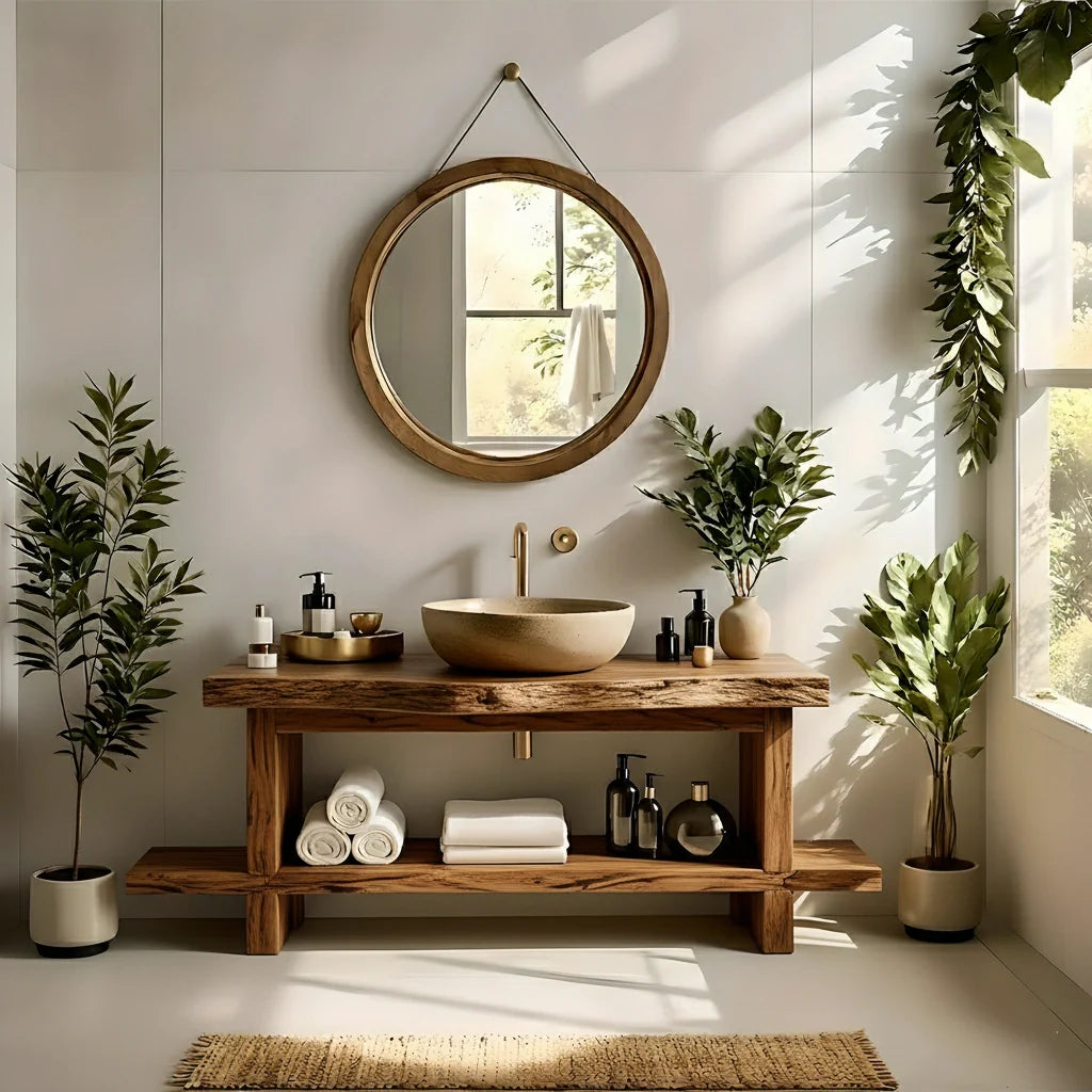 Live Edge Solid Wood Bathroom Vanity with Open Shelf – Handmade - Rustira