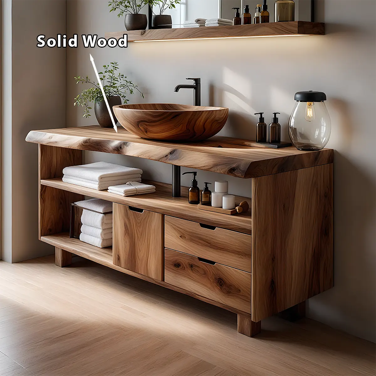 Live Edge Solid Wood Bathroom Vanity with Open Shelves & Drawers - Rustira