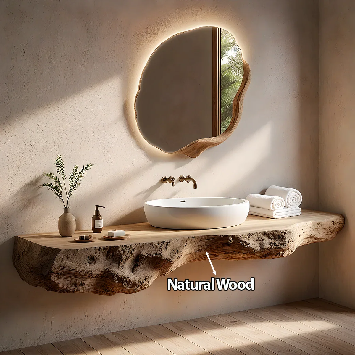Live Edge Solid Wood Floating Vanity with Organic Mirror - Rustira