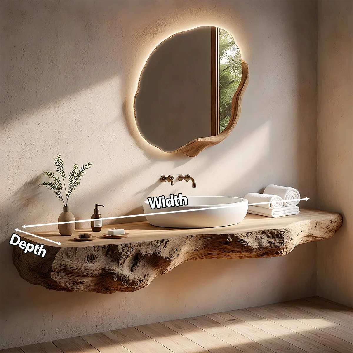 Live Edge Solid Wood Floating Vanity with Organic Mirror - Rustira