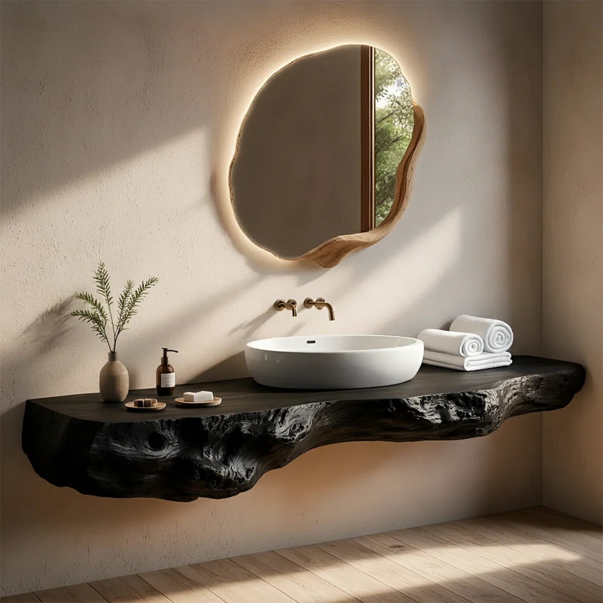 Live Edge Solid Wood Floating Vanity with Organic Mirror - Rustira