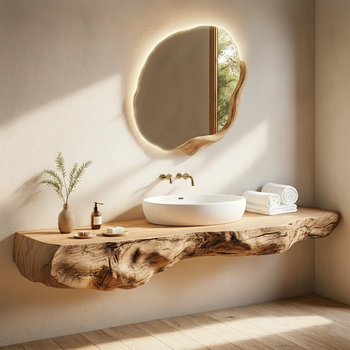 Live Edge Solid Wood Floating Vanity with Organic Mirror - Rustira