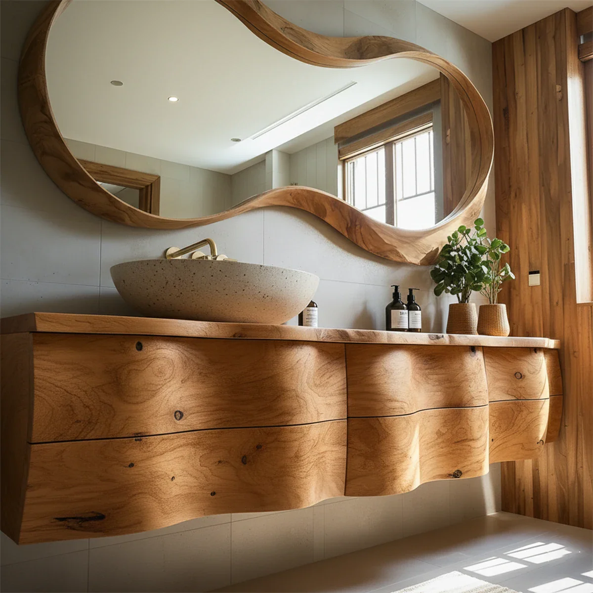 Live Edge Solid Wood Floating Vanity with Sculptural Mirror - Rustira