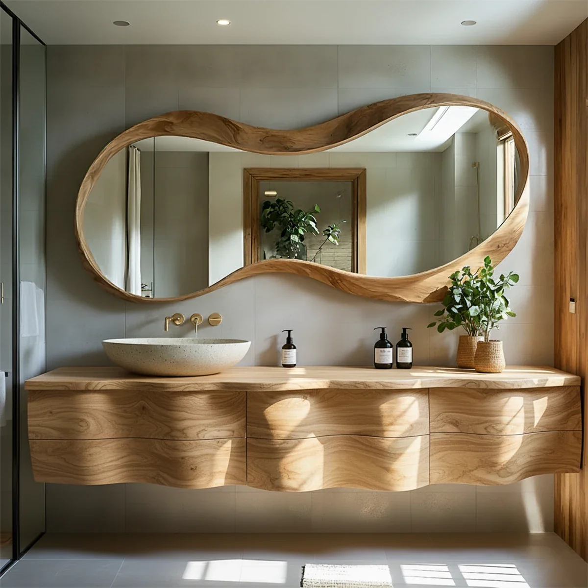 Live Edge Solid Wood Floating Vanity with Sculptural Mirror - Rustira