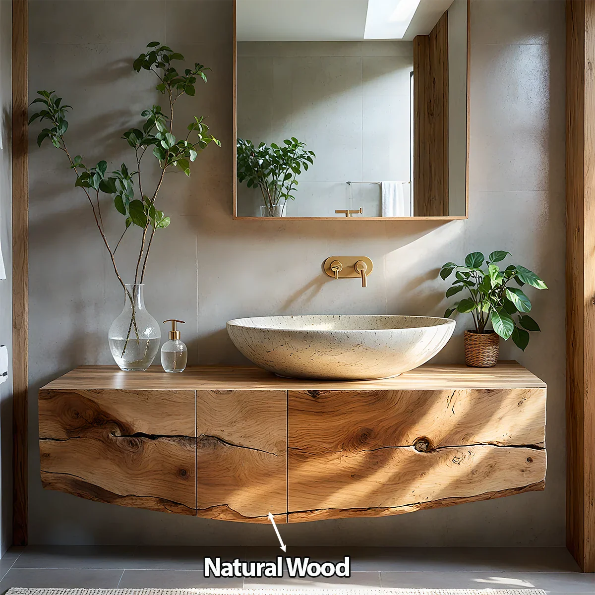 Live Edge Solid Wood Floating Vanity with Stone Basin - Rustira