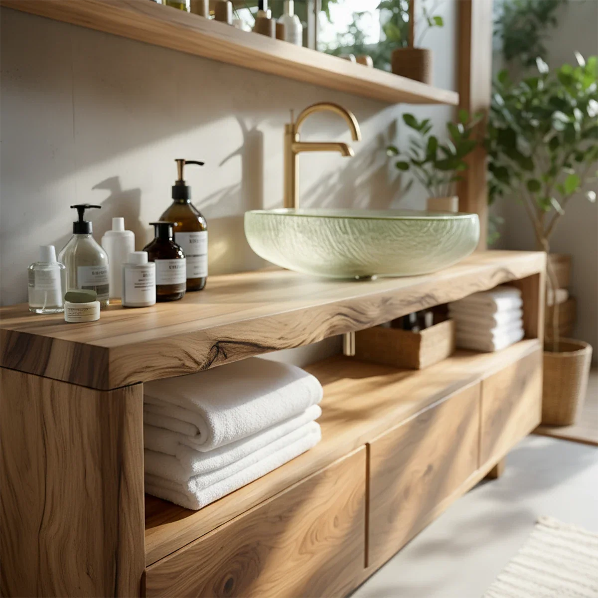 Live Edge Solid Wood Vanity with Storage – Japandi Spa Bathroom Console - Rustira