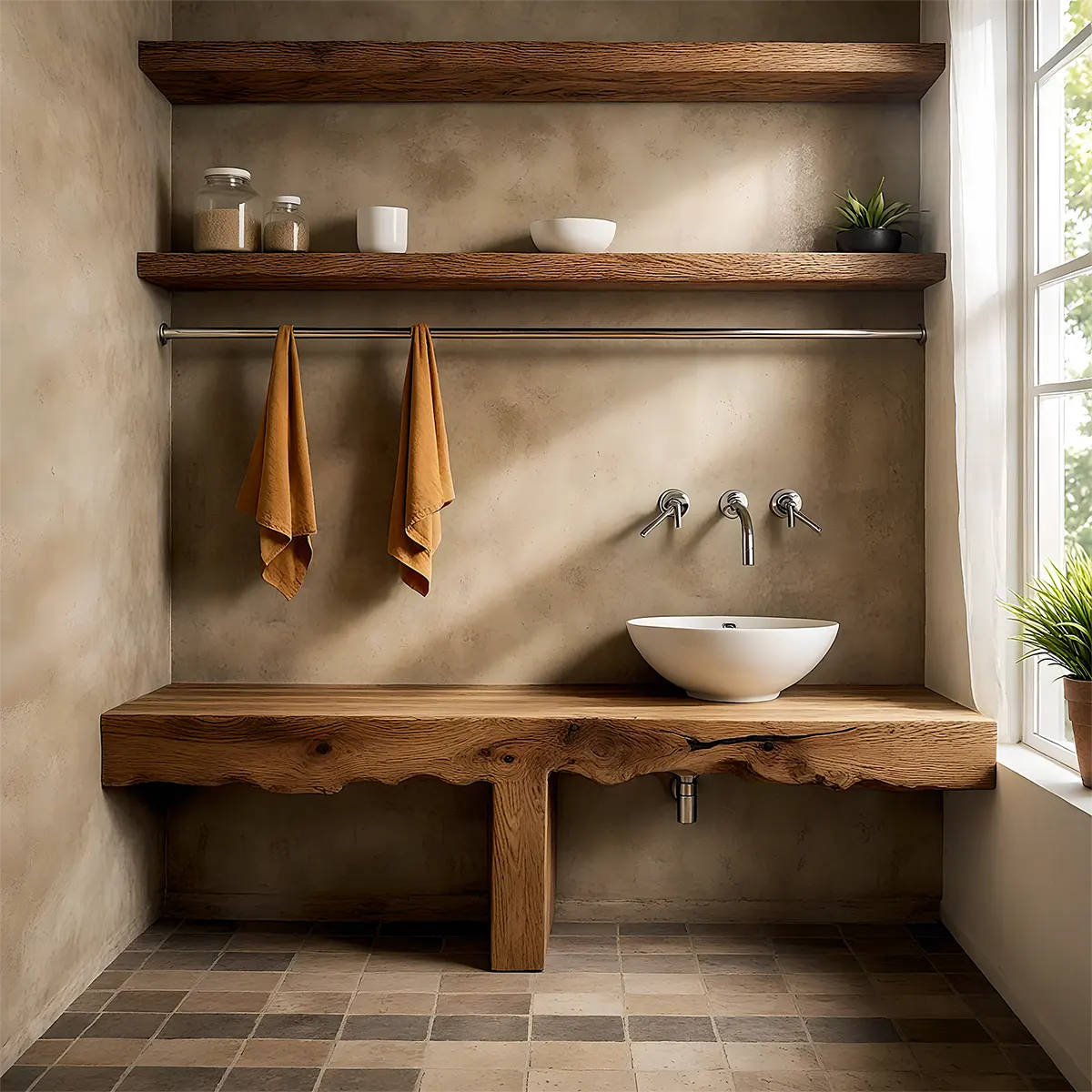 LiveEdge Solid Oak Vanity – Natural Spa Bathroom Design - Rustira