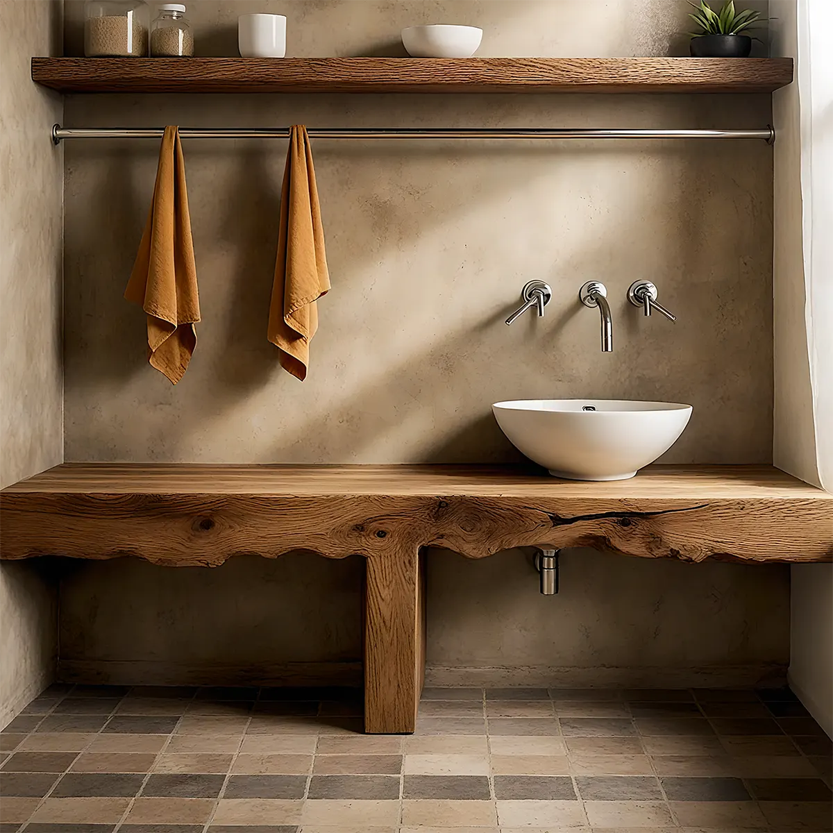 LiveEdge Solid Oak Vanity – Natural Spa Bathroom Design - Rustira