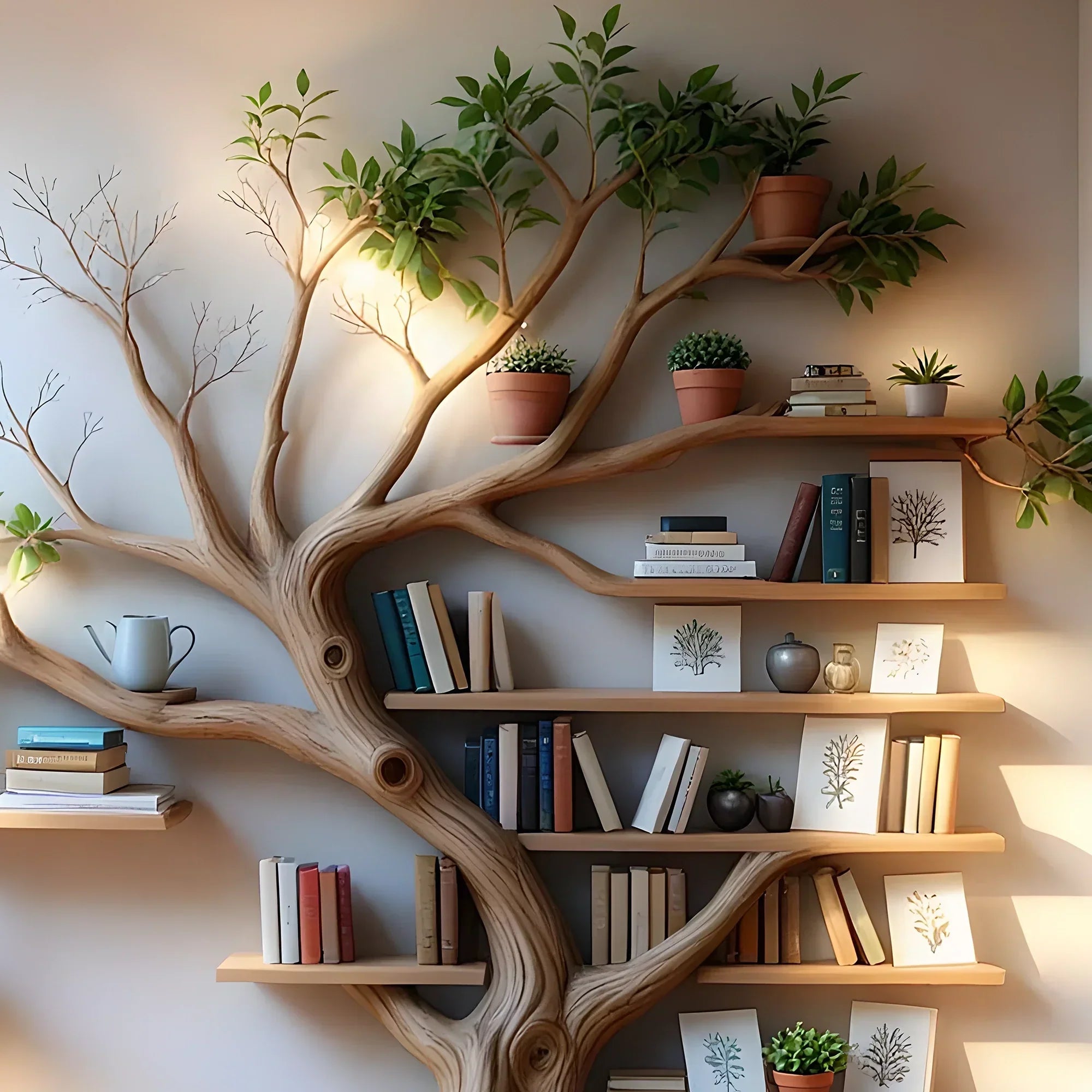 Tree-Shaped Bookcase – Solid Wood Bookshelf for Books, Plants & Decorations