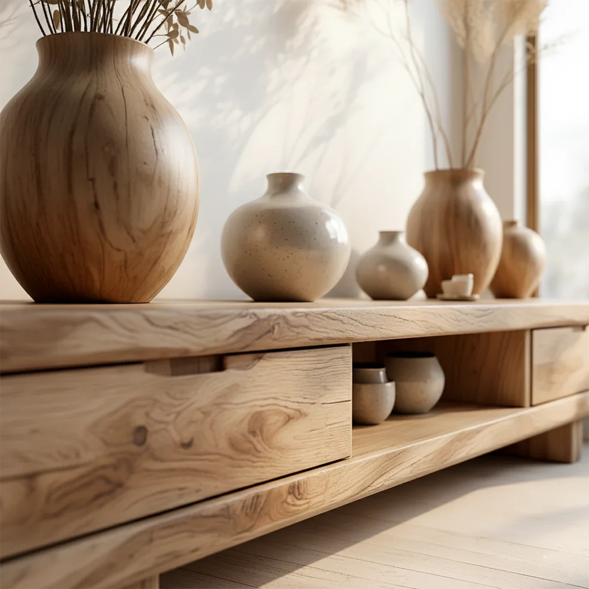 Low Solid Wood Japandi TV Stand – Minimal Zen Media Console - Rustira