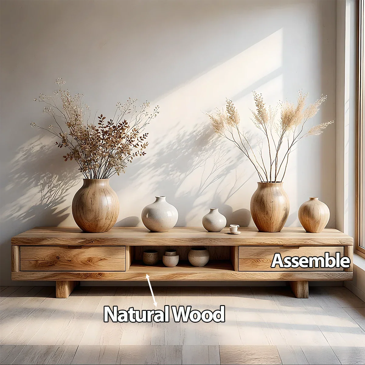 Low Solid Wood Japandi TV Stand – Minimal Zen Media Console - Rustira