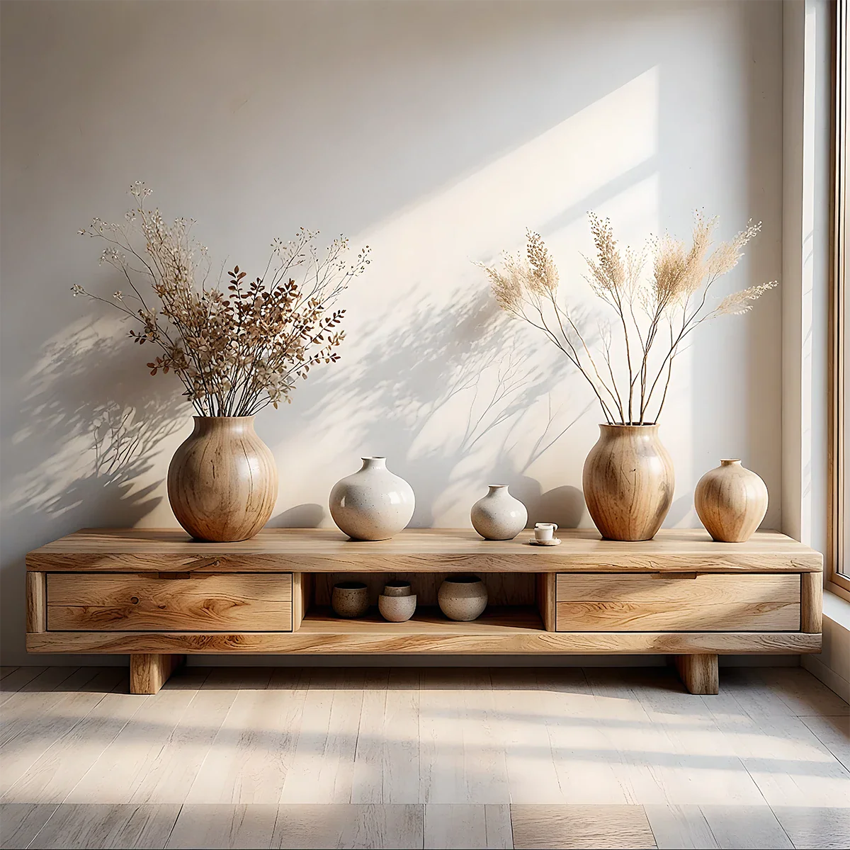 Low Solid Wood Japandi TV Stand – Minimal Zen Media Console - Rustira