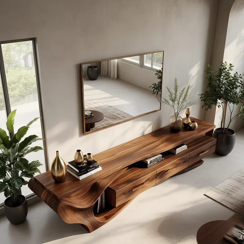 Luxury Wave-Carved Solid Wood TV Stand - Organic Modern Media Console - Rustira