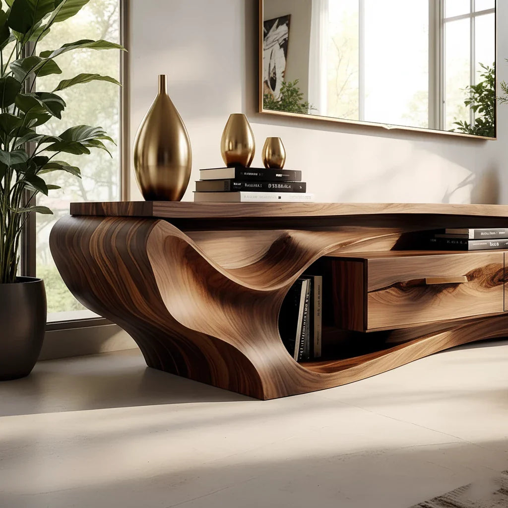 Luxury Wave-Carved Solid Wood TV Stand - Organic Modern Media Console - Rustira