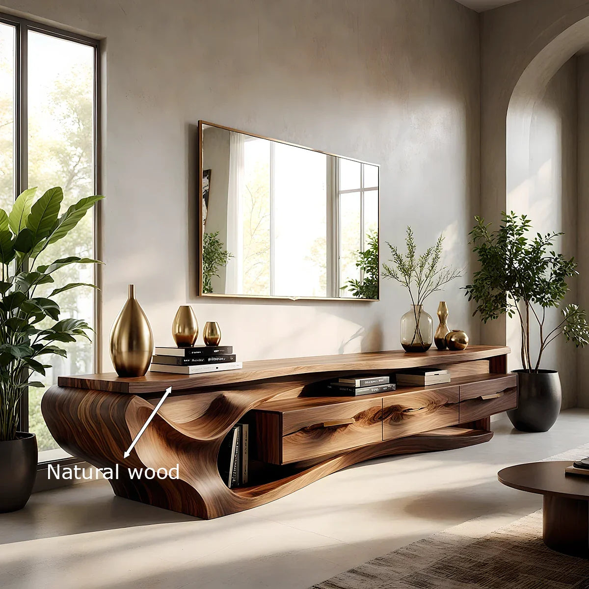 Luxury Wave-Carved Solid Wood TV Stand - Organic Modern Media Console - Rustira
