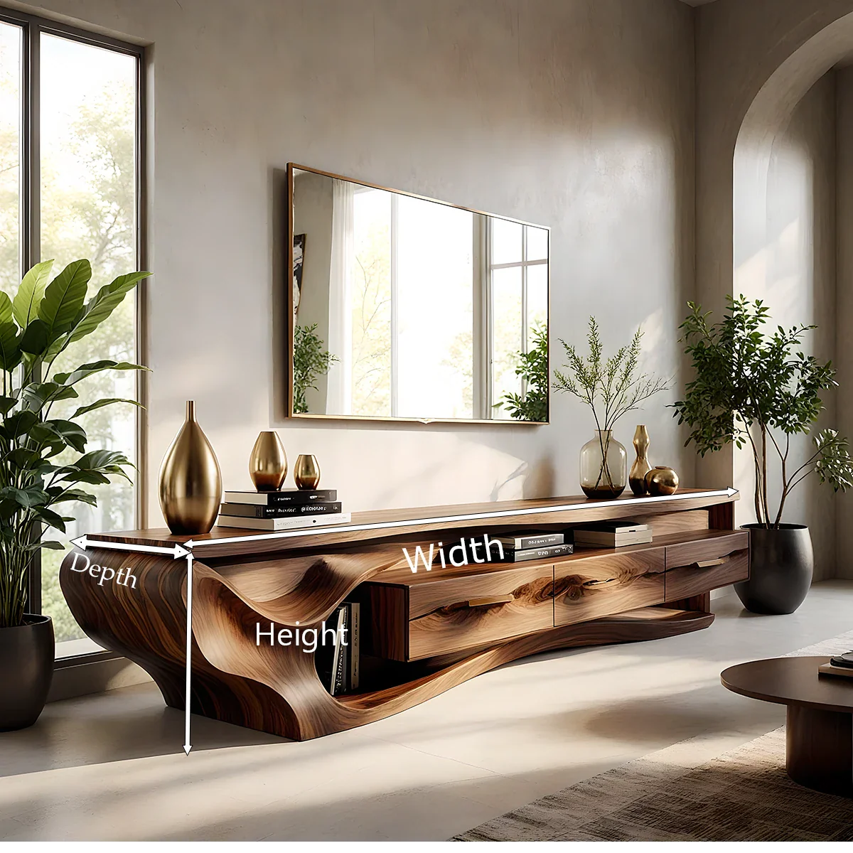 Luxury Wave-Carved Solid Wood TV Stand - Organic Modern Media Console - Rustira