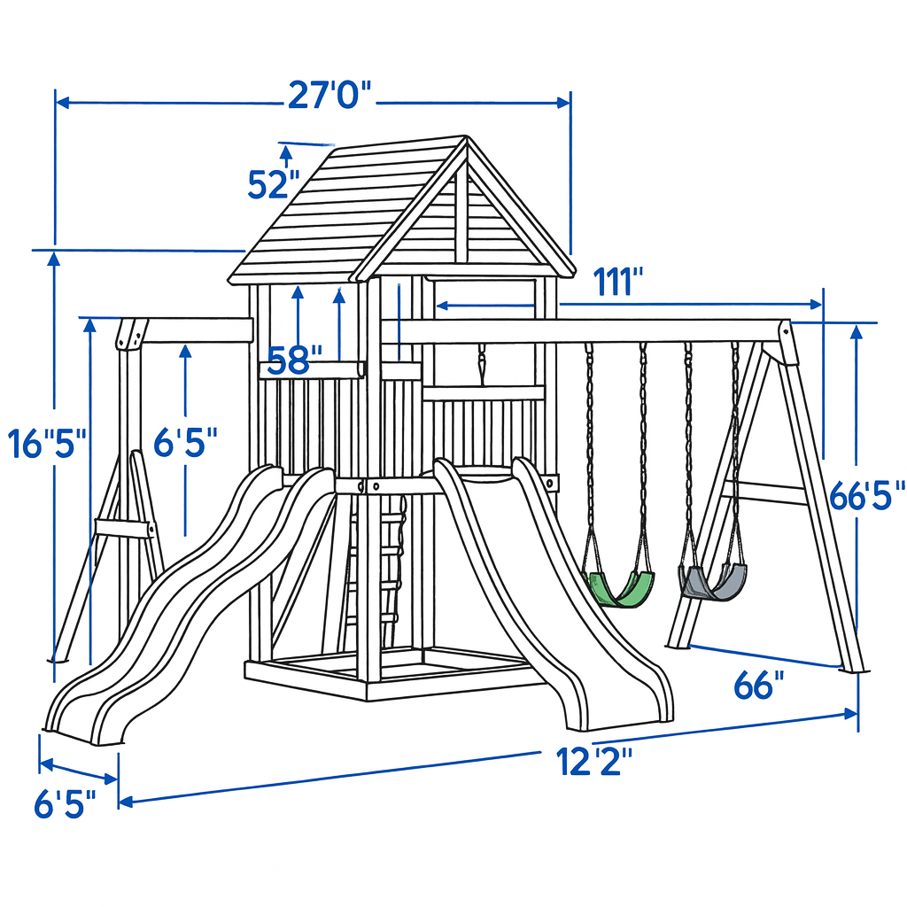 All-in-One Wooden Playset with Playhouse, Double Slides & Swings for Kids