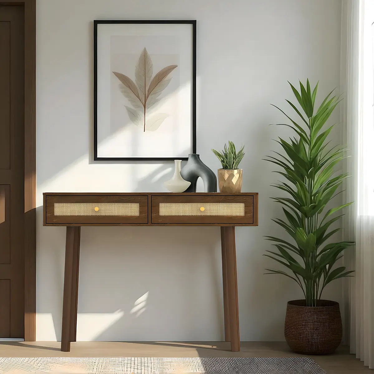 Mid‑Century Console Table Natural Wood, Rattan Drawers – Minimalist Retro Design