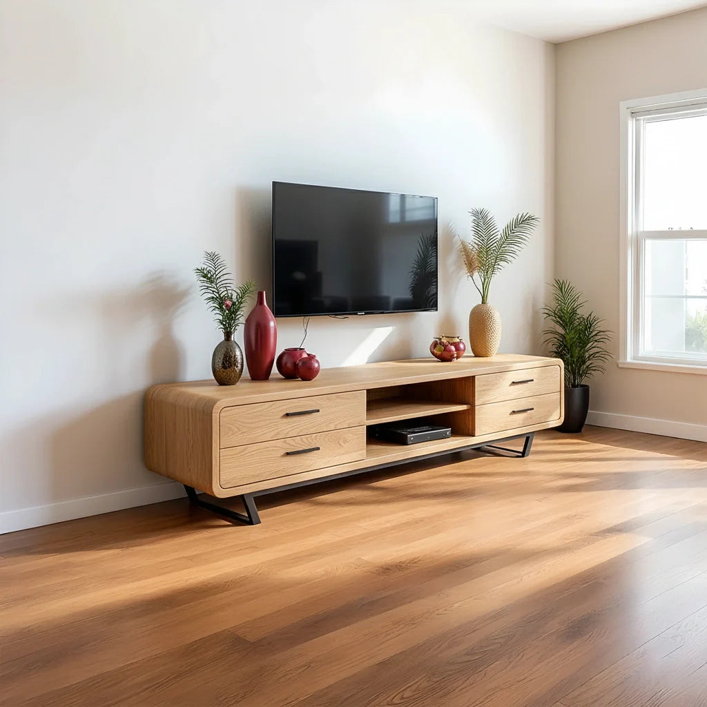 Mid-Century Modern Solid Walnut TV Stand with Rounded Corners - Rustira