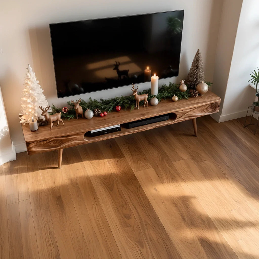 Mid-Century Solid Wood TV Stand with Rounded Corners & Storage Slot - Rustira