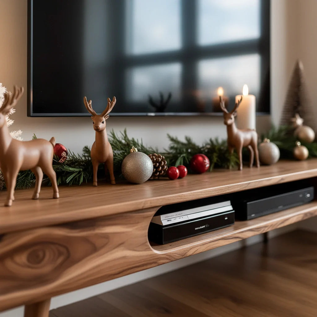 Mid-Century Solid Wood TV Stand with Rounded Corners & Storage Slot - Rustira