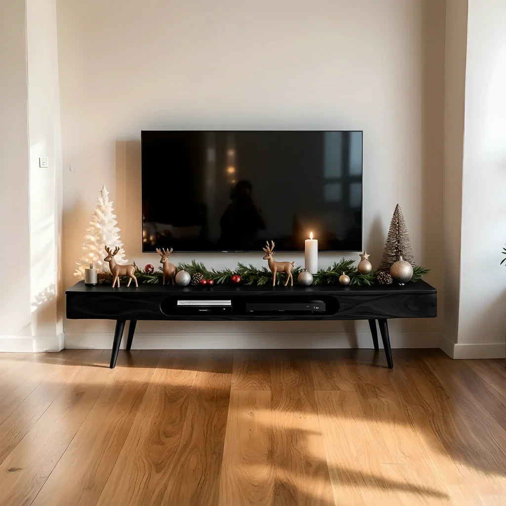 Mid-Century Solid Wood TV Stand with Rounded Corners & Storage Slot - Rustira
