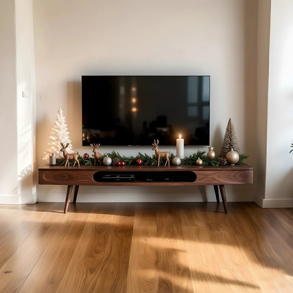 Mid-Century Solid Wood TV Stand with Rounded Corners & Storage Slot - Rustira