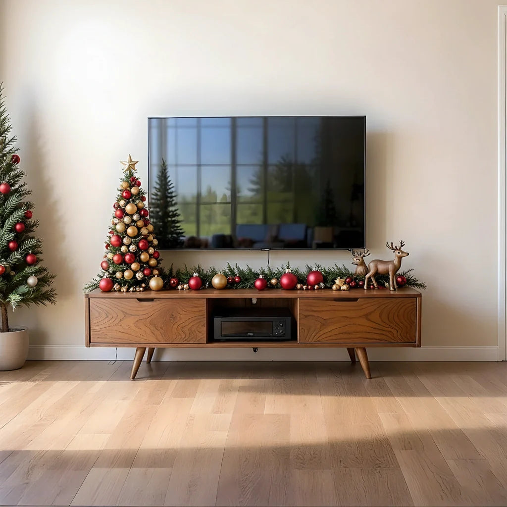 Mid-Century Solid Wood TV Stand with Tapered Legs & Storage Drawers - Rustira