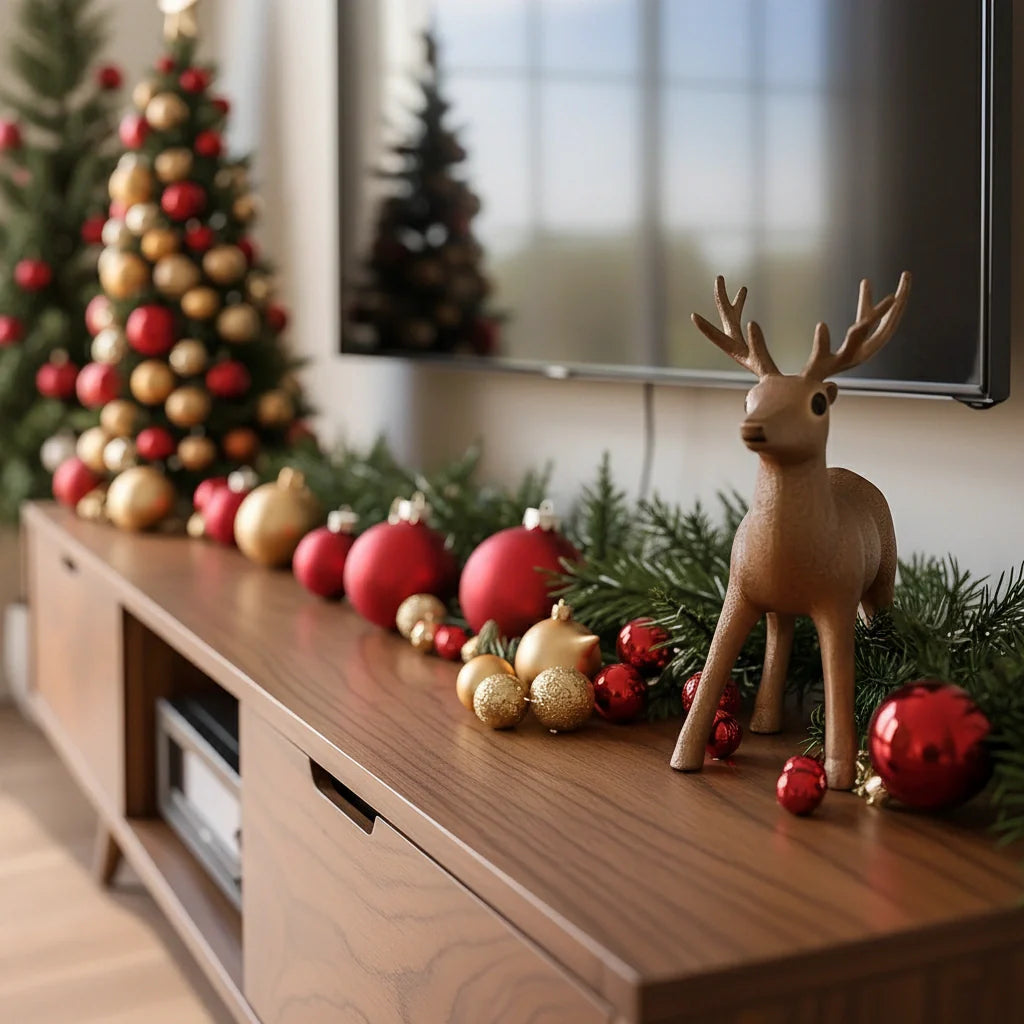 Mid-Century Solid Wood TV Stand with Tapered Legs & Storage Drawers - Rustira