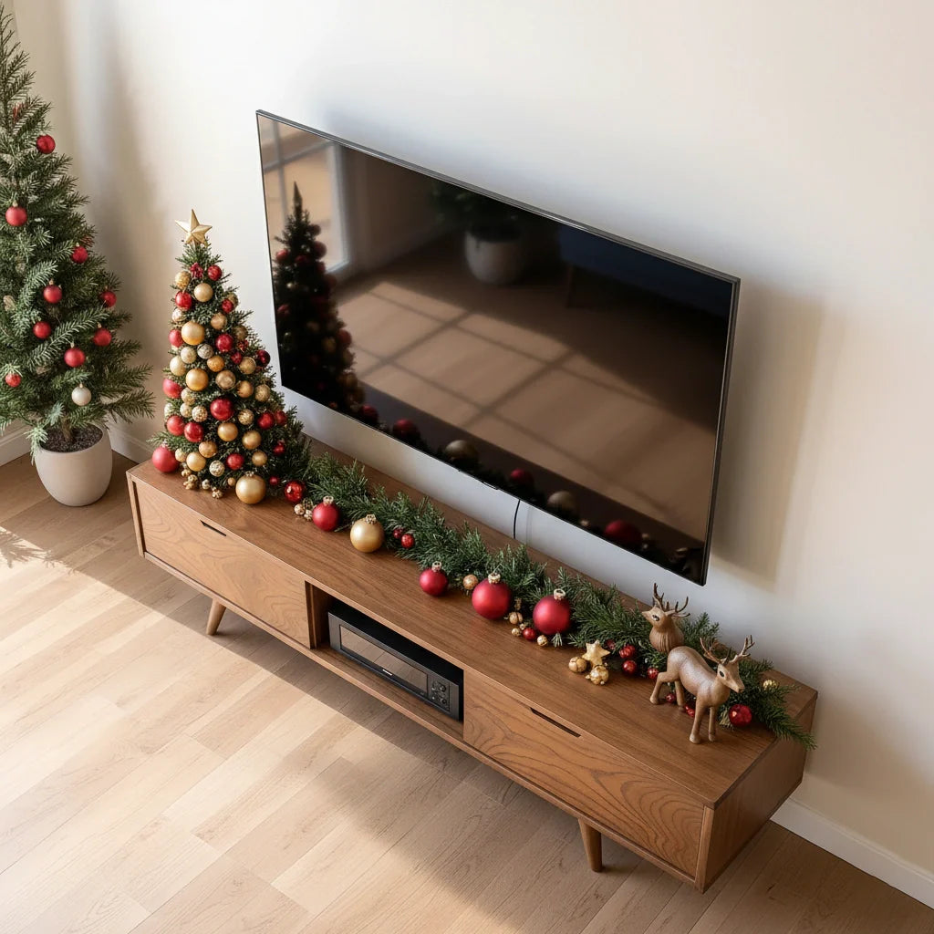 Mid-Century Solid Wood TV Stand with Tapered Legs & Storage Drawers - Rustira