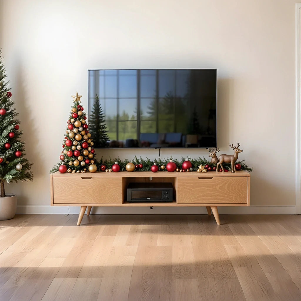 Mid-Century Solid Wood TV Stand with Tapered Legs & Storage Drawers - Rustira