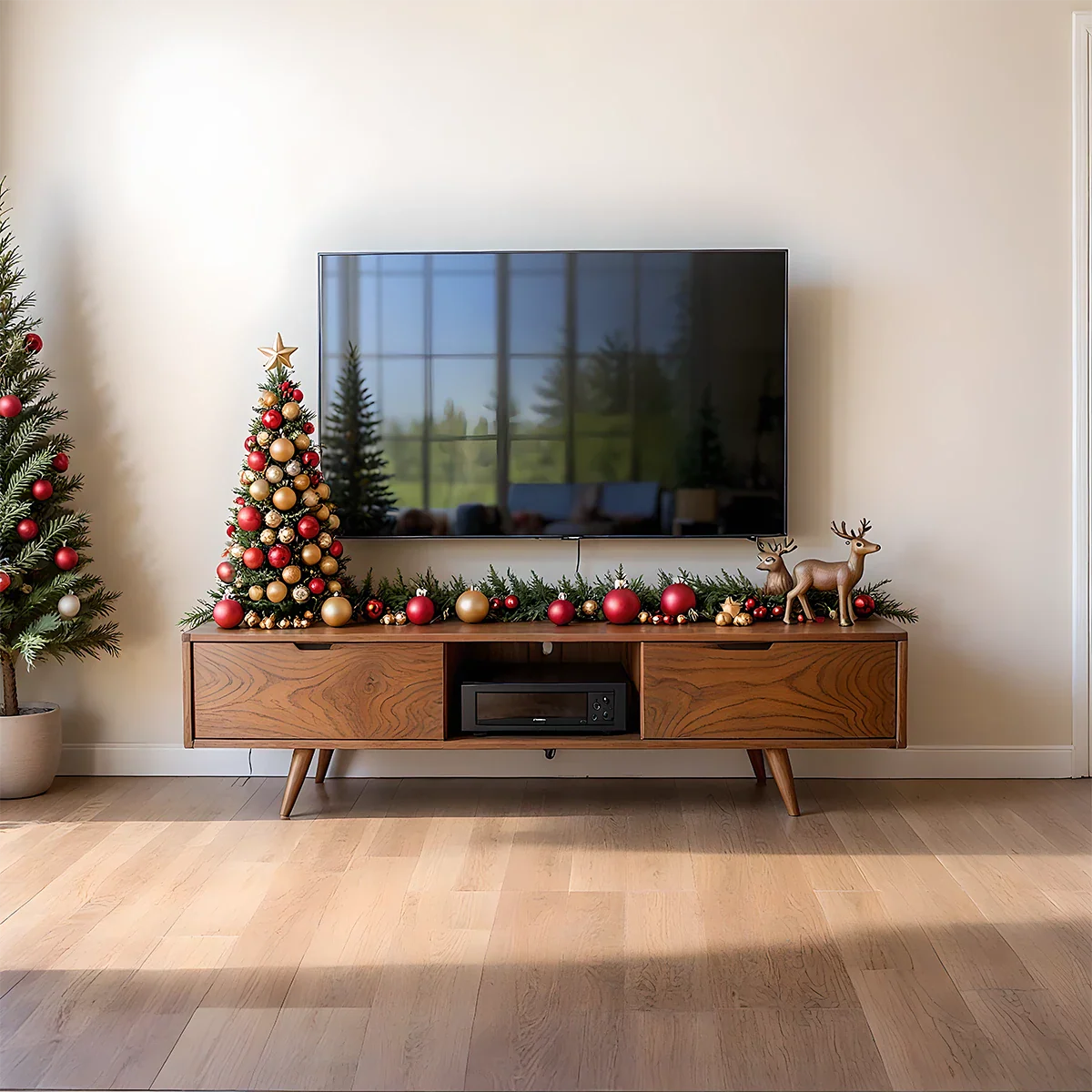 Mid-Century Solid Wood TV Stand with Tapered Legs & Storage Drawers - Rustira