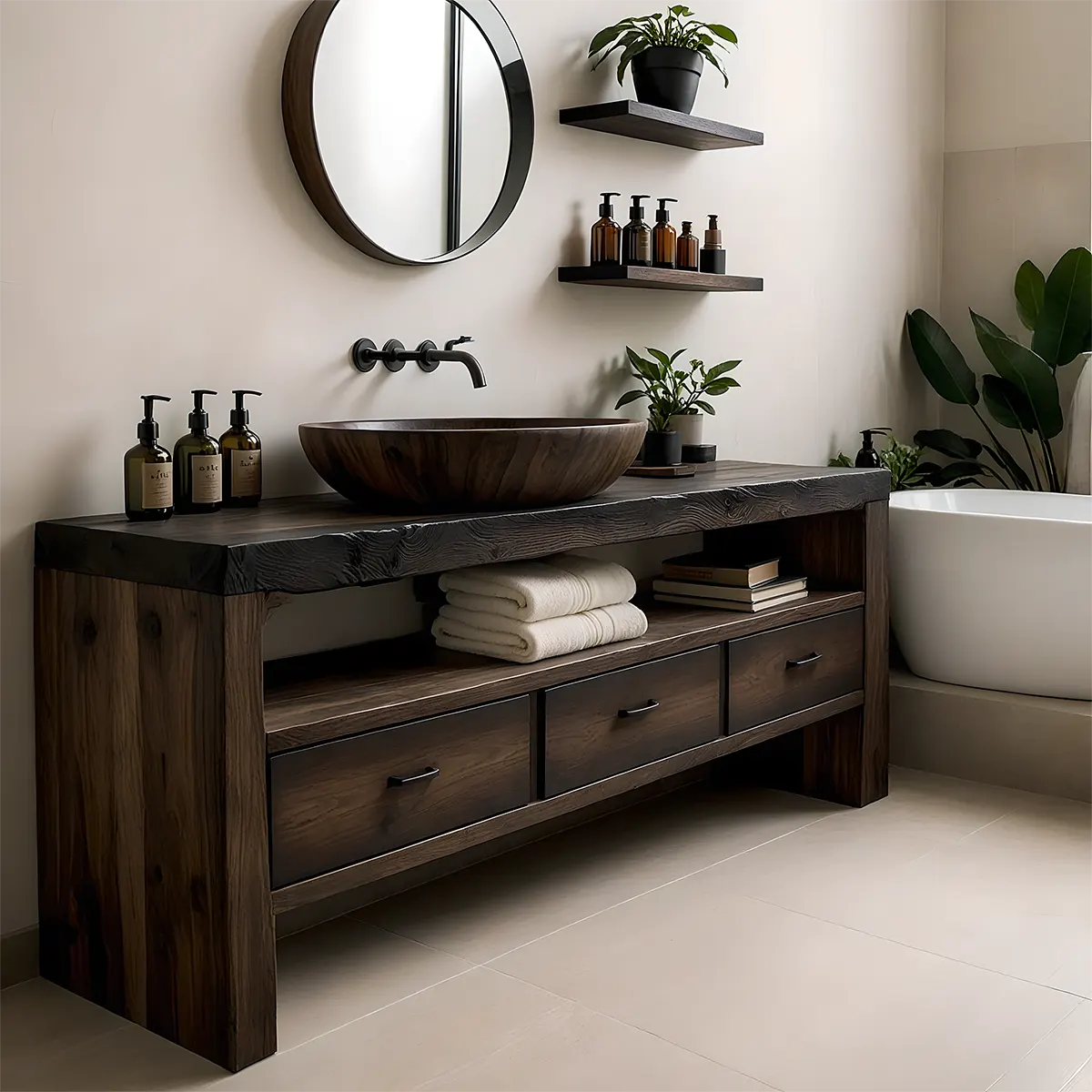 Midnight Oak Vanity – Modern Zen Solid Wood Bathroom - Rustira