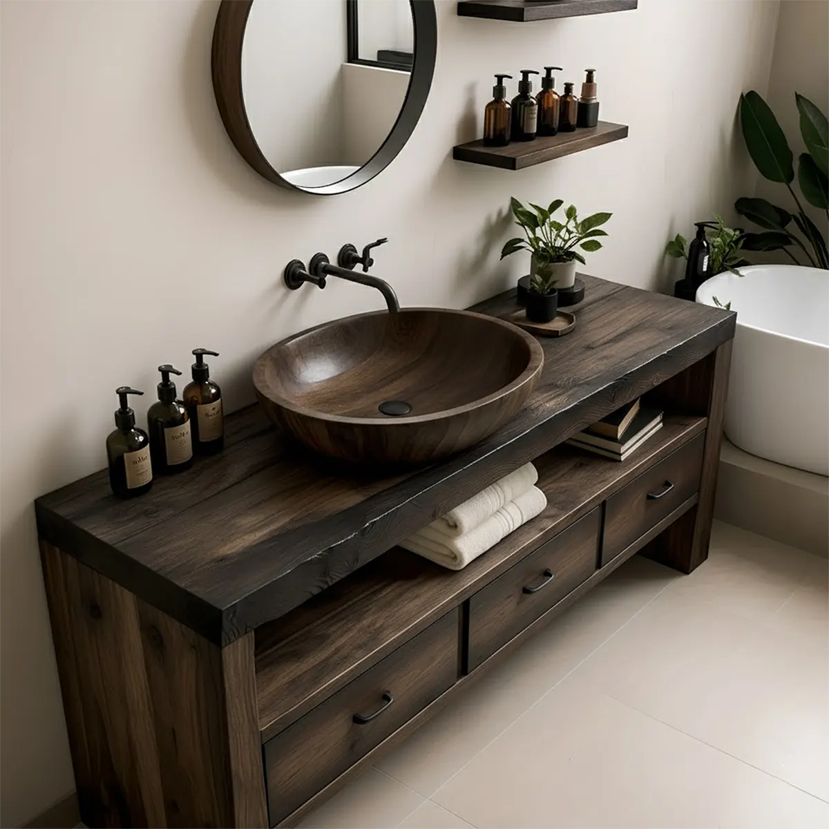Midnight Oak Vanity – Modern Zen Solid Wood Bathroom - Rustira