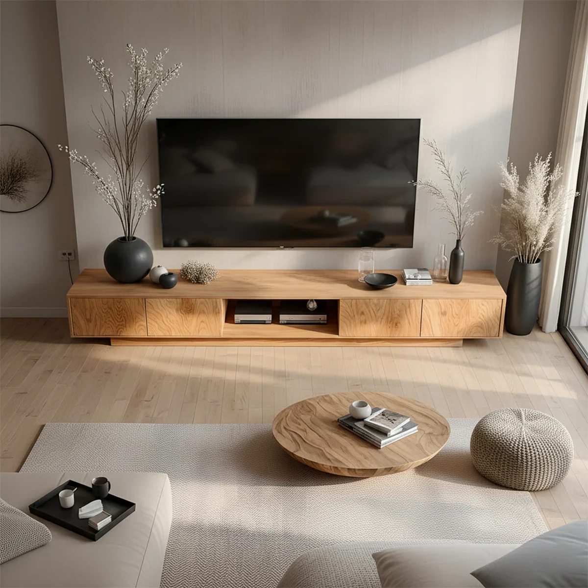 Minimalist Solid Wood Japandi TV Stand with Soft Grain & Open Shelf - Rustira