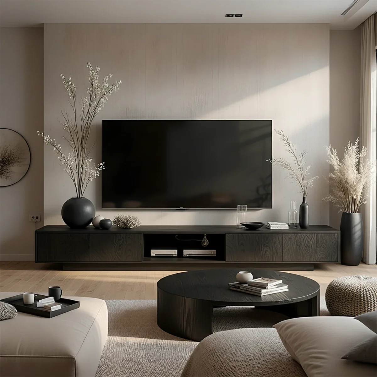 Minimalist Solid Wood Japandi TV Stand with Soft Grain & Open Shelf - Rustira