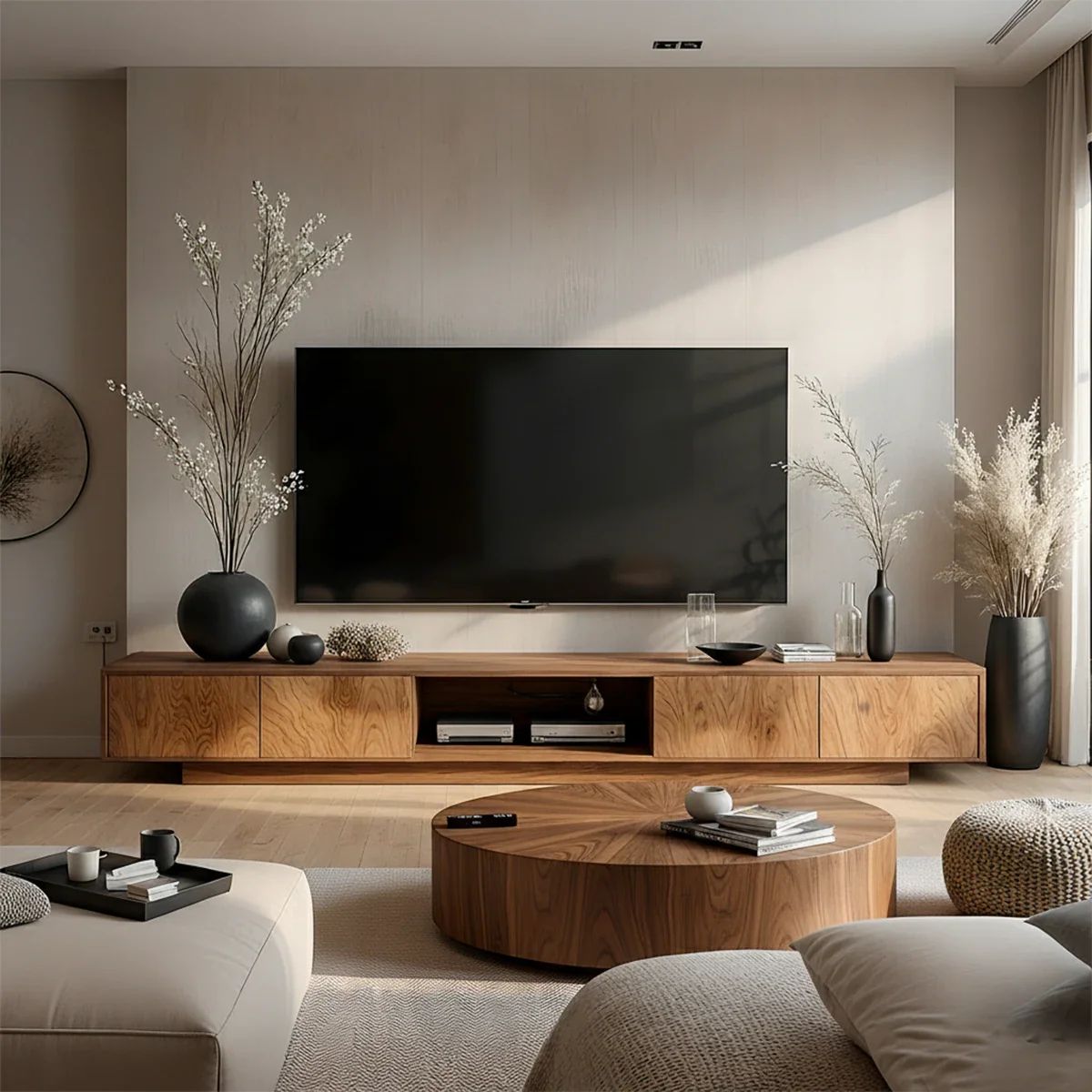 Minimalist Solid Wood Japandi TV Stand with Soft Grain & Open Shelf - Rustira