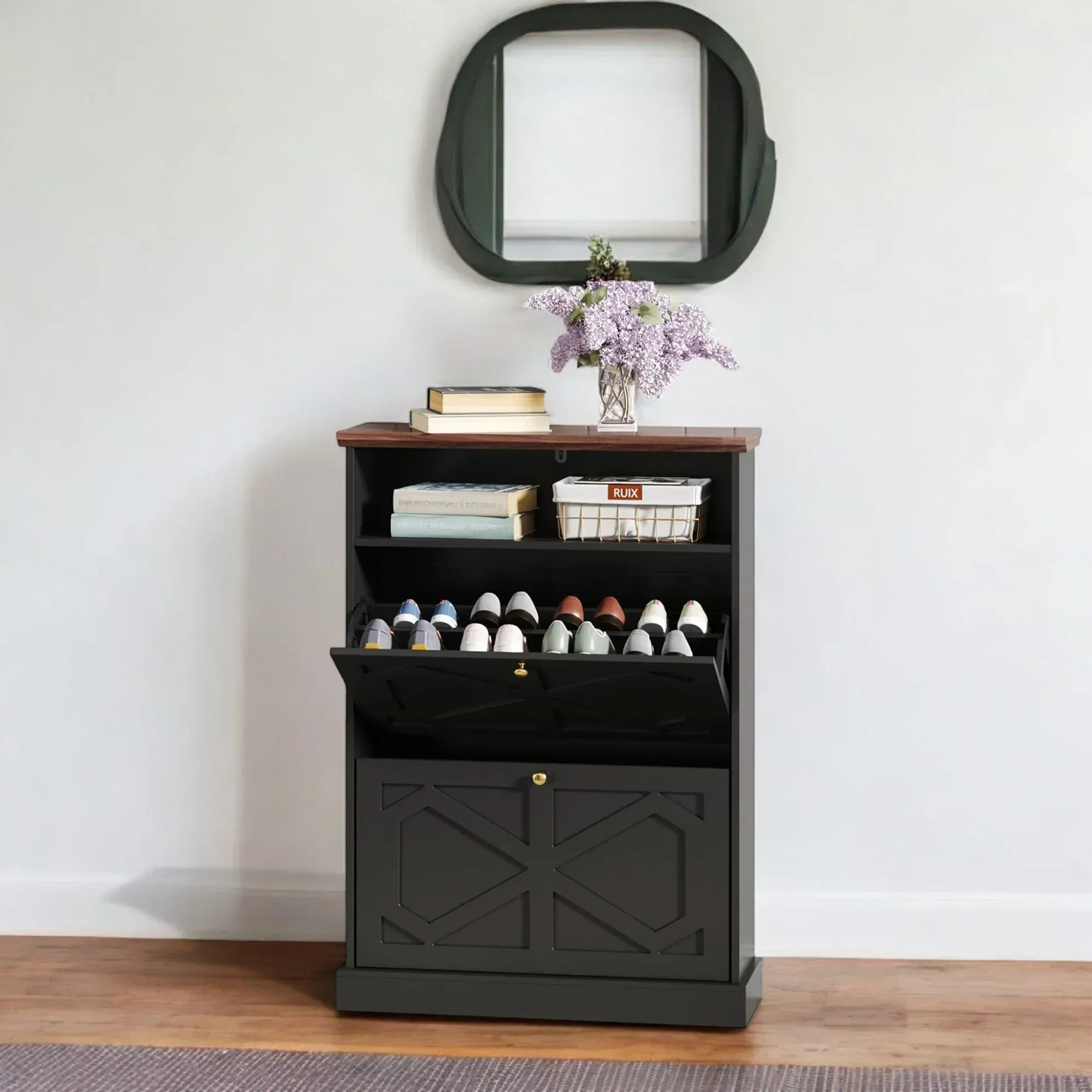 Modern Black 2-Tier Shoe Cabinet with X-Design & Top Shelf