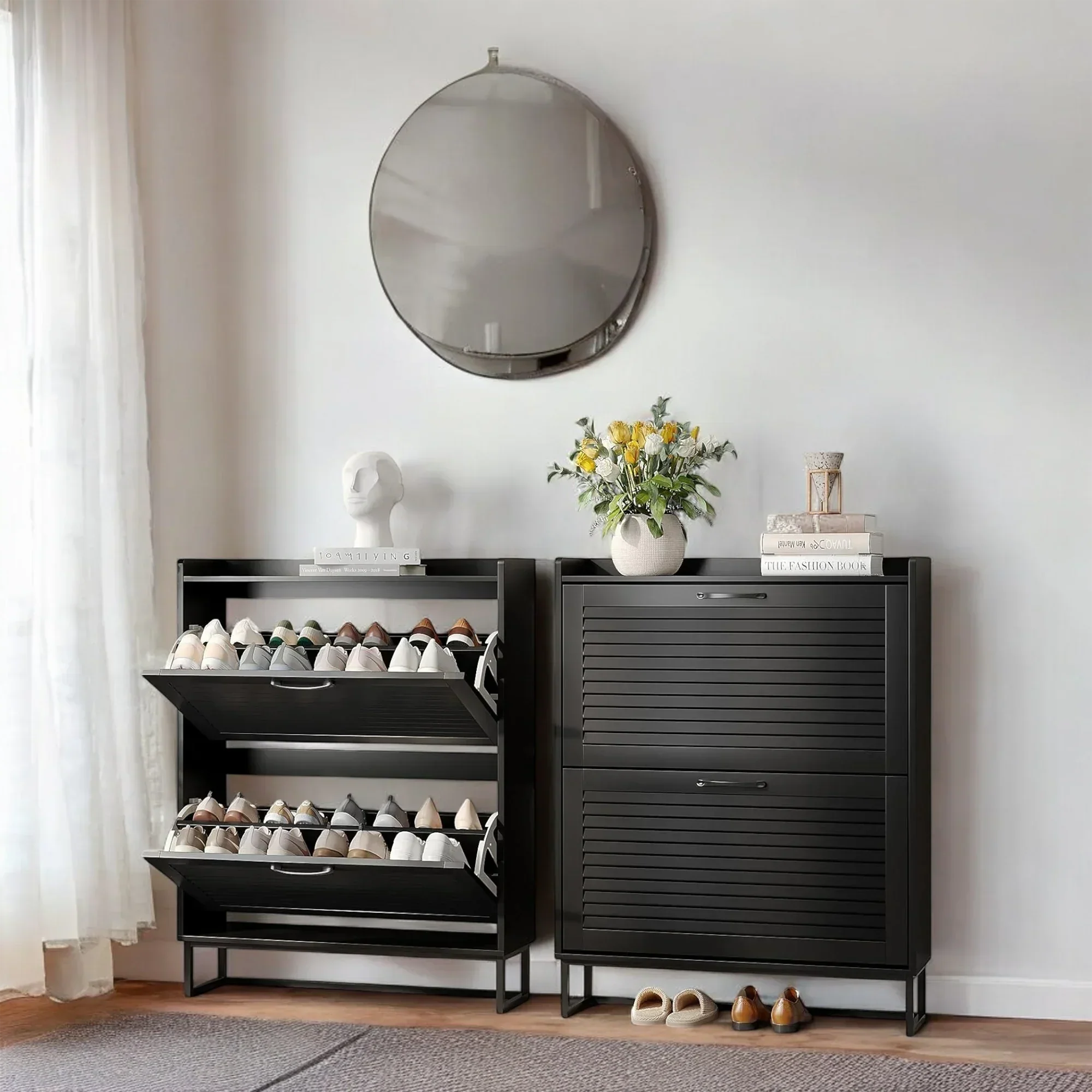 Modern Black Double Flip-Drawer Shoe Cabinet with Metal Base