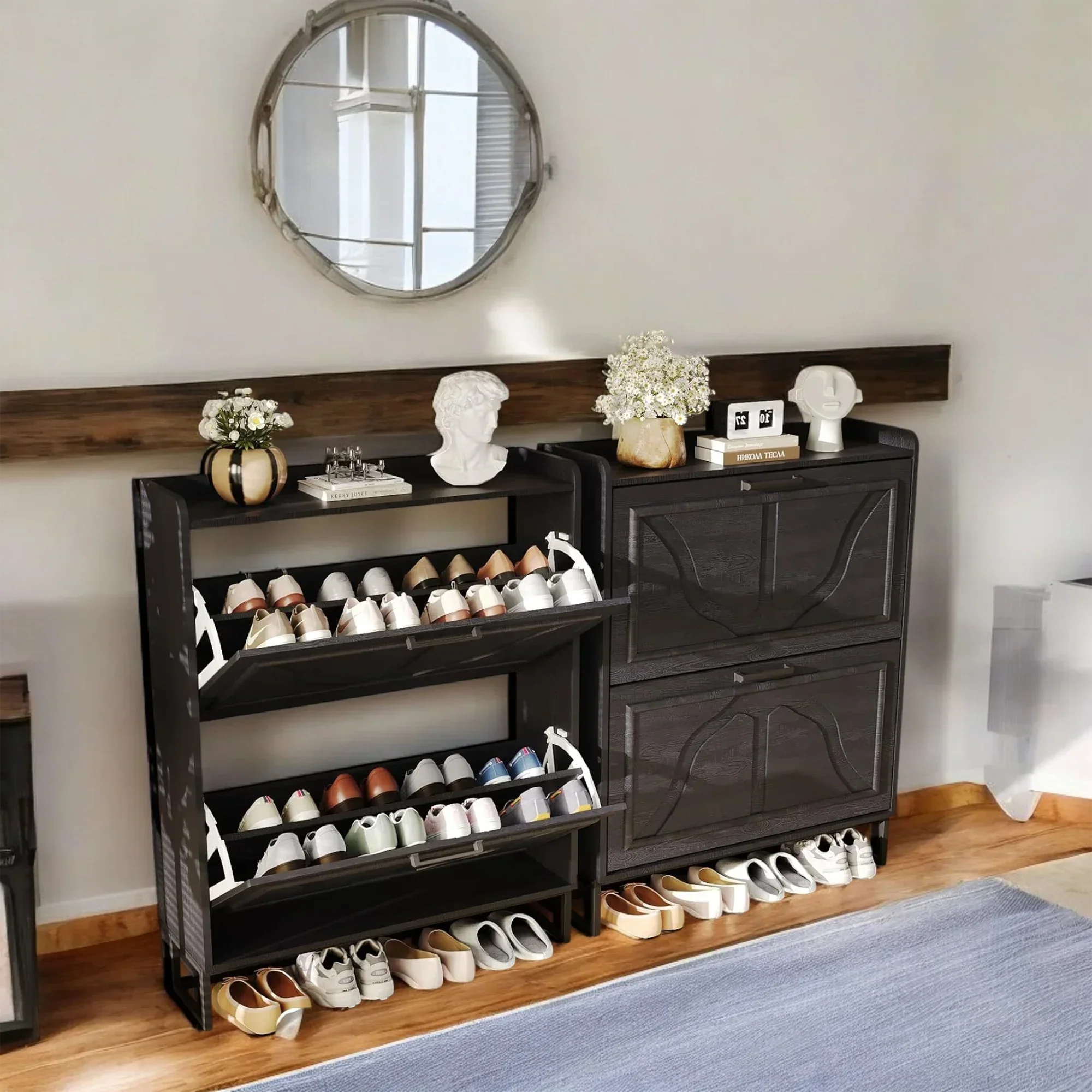 Modern Black Shoe Cabinet with 2 Flip Drawers & Open Shelf