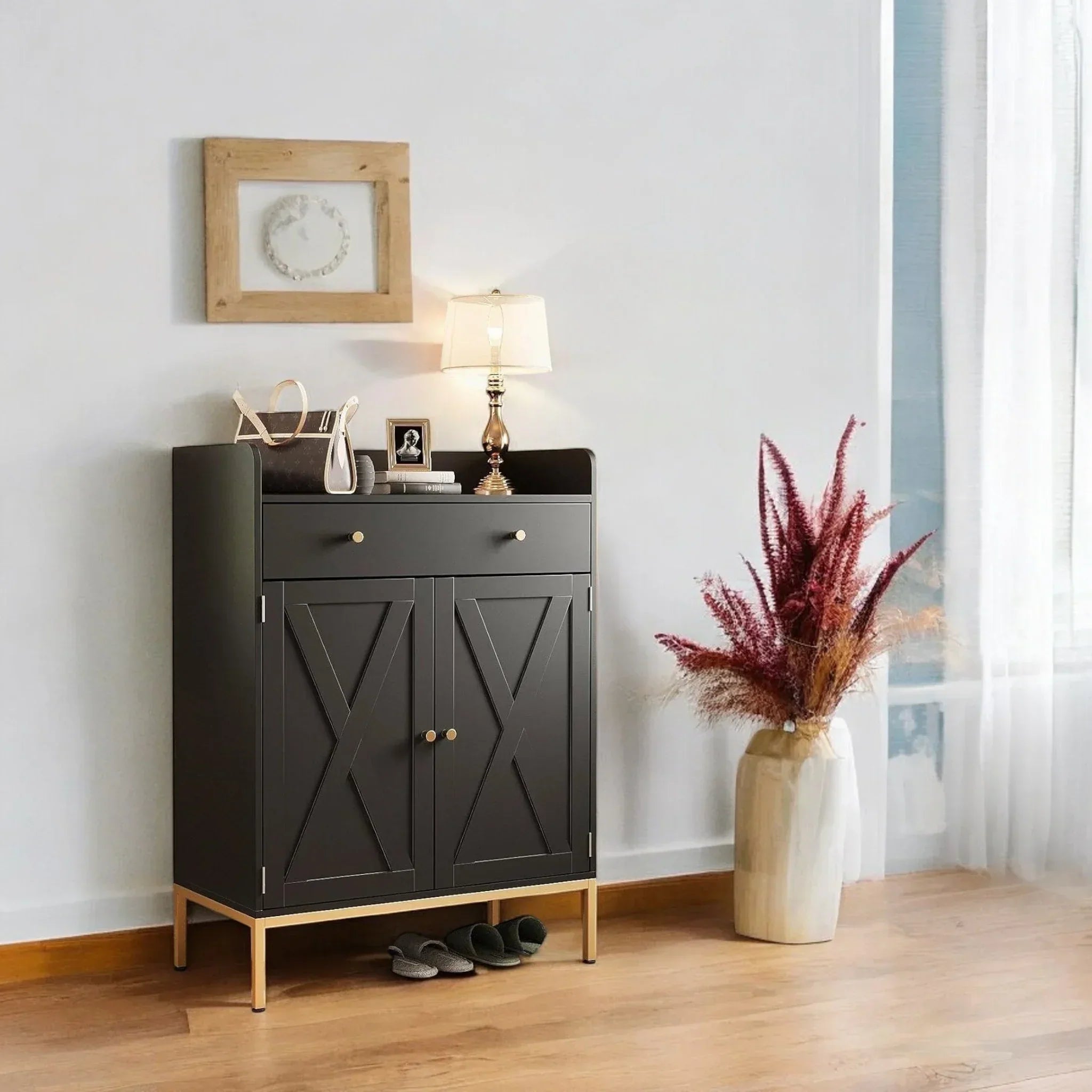 Modern Black Shoe Cabinet with Doors, Drawer & Gold Base