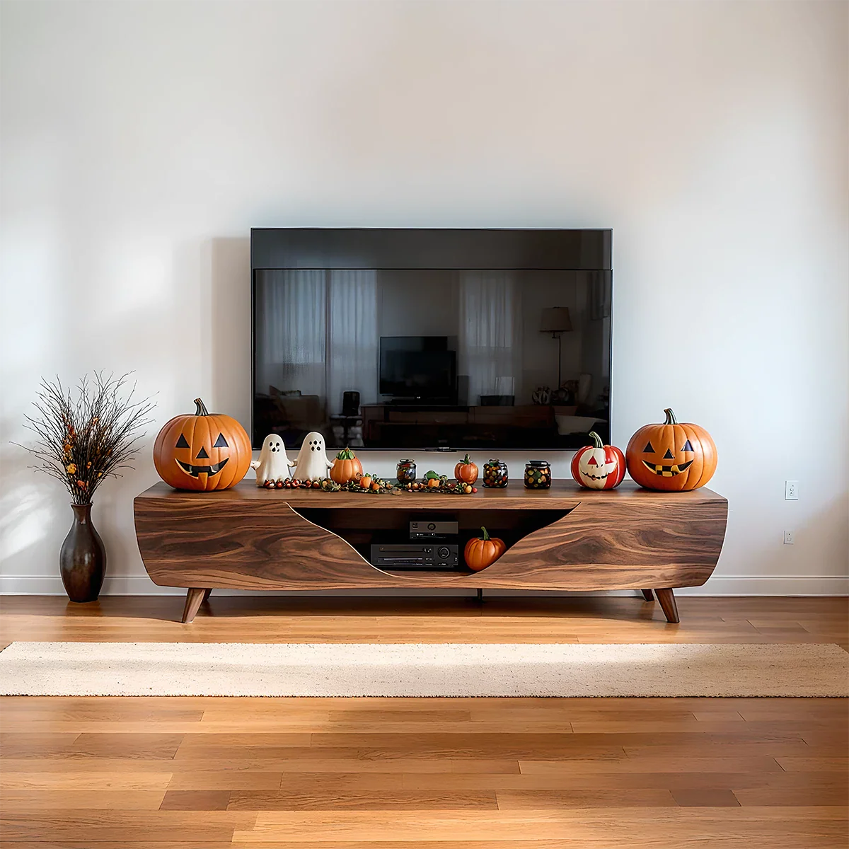 Modern Carved Walnut TV Console With Organic Flowing Doors - Rustira